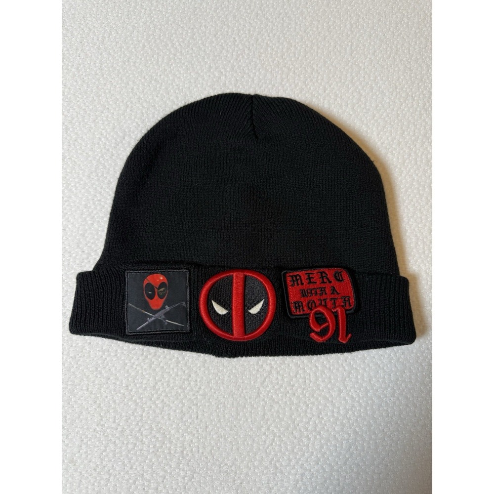 Marvel Deadpool Black Knit Beanie Hat Red Logo Winter Cap One Size